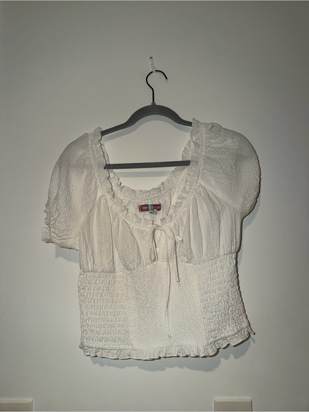 Urban Outfitters White Smocked Crop Top with Ruffle Neck